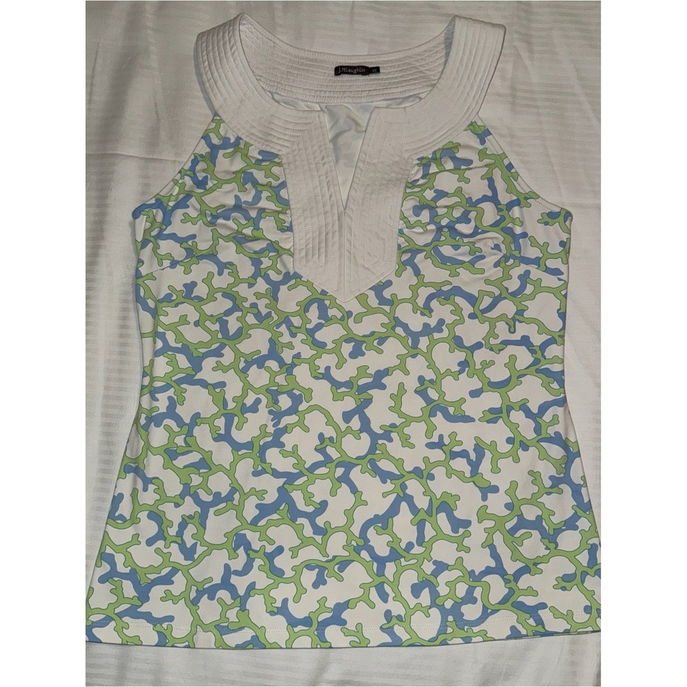 J.McLaughlin Womens XS Sleeveless Coral Print Top Blue Green Quilted Neckline